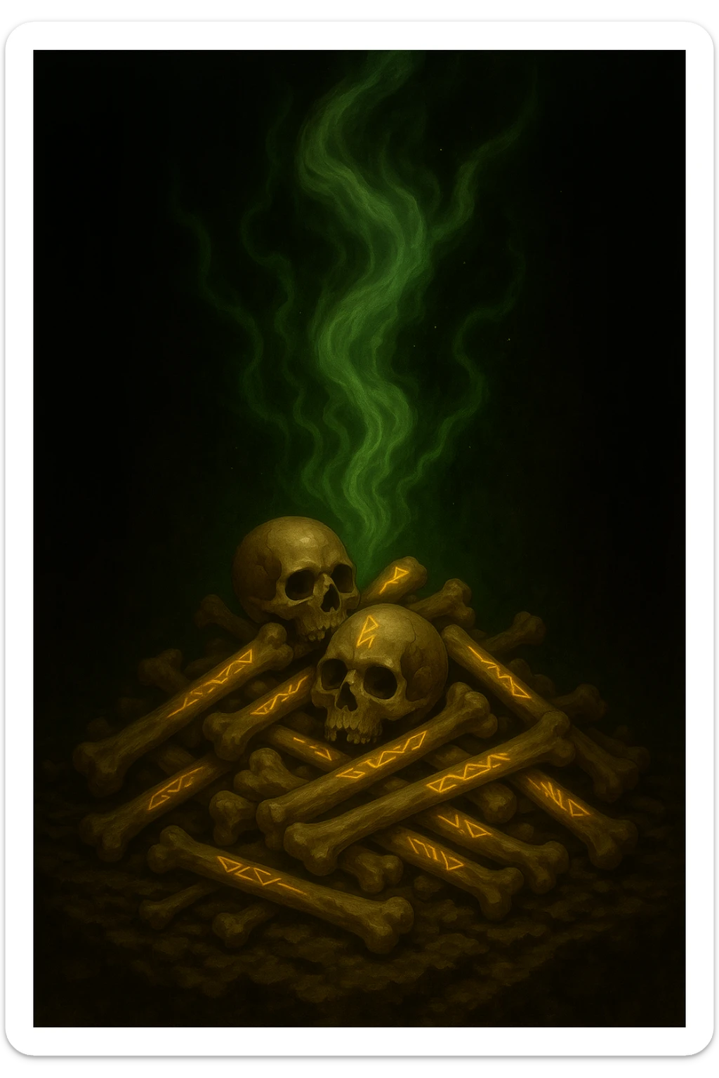 Change the mystical energy to green, keep the pile of bones with glowing runes and magical atmosphere. Preserve the fantasy style with green mystical energy surrounding the bones and runes. sticker