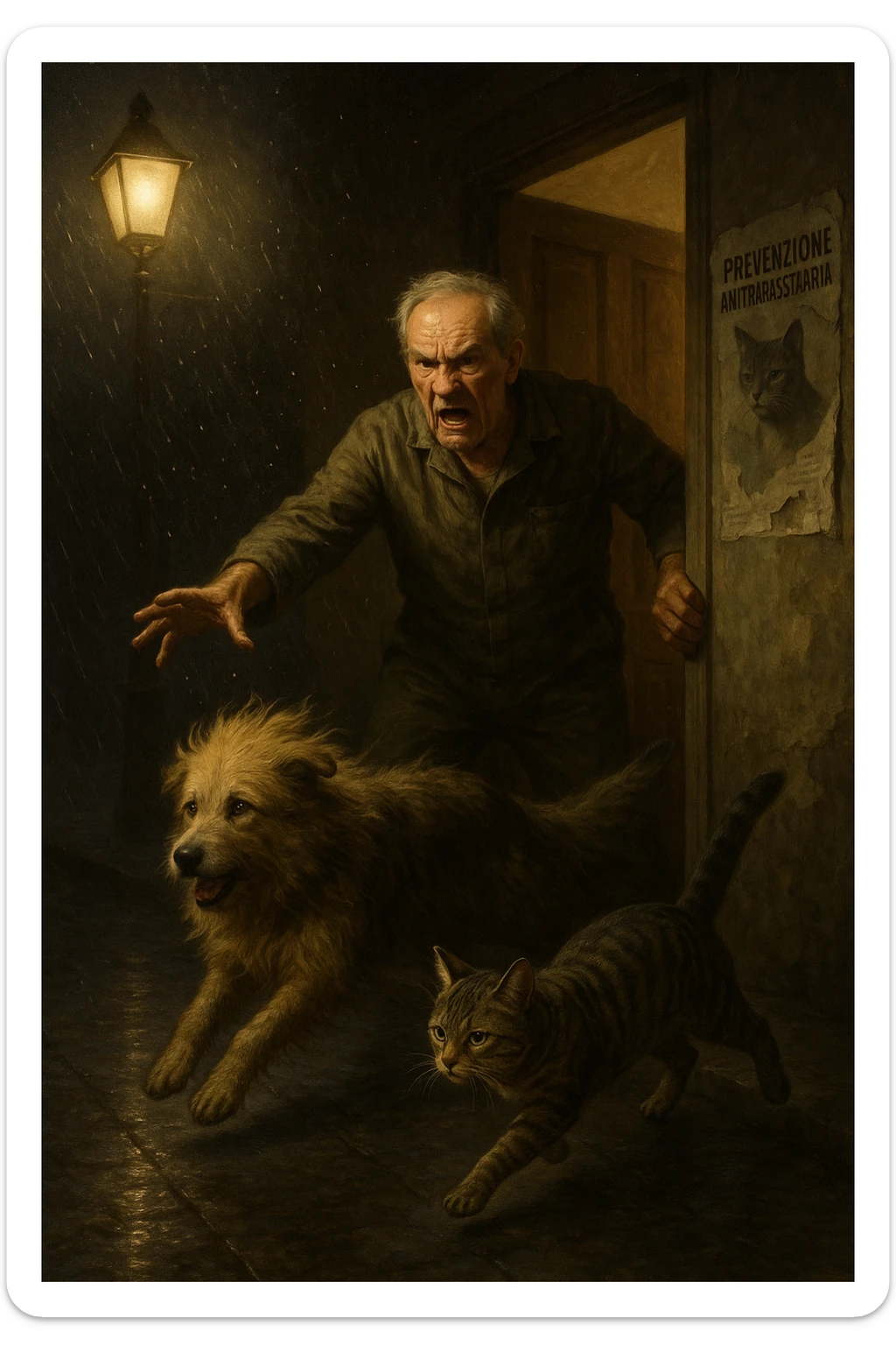 Un uomo anziano in tuta da lavoro, con espressione arrabbiata, butta fuori i suoi animali con aperta la porta di casa mentre il suo cane (un meticcio a pelo lungo) e il gatto (soriano) scappano nella strada buia sotto la pioggia. Particelle di polvere/pulci fluttuano nell'aria illuminata dal lampione. Sullo sfondo, un poster strappato del veterinario con scritto 'Prevenzione antiparassitaria'. Stile fotorealistico, illuminazione Caravaggesca, toni grigi e ocra. in italiano sticker