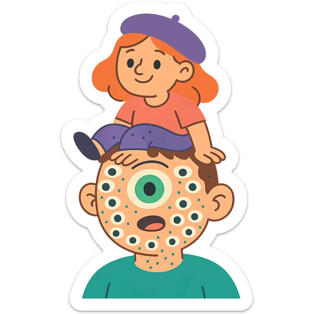 guy with 300 eyes, one big green eye in the middle of his head, hat made out of a girl on his head sticker