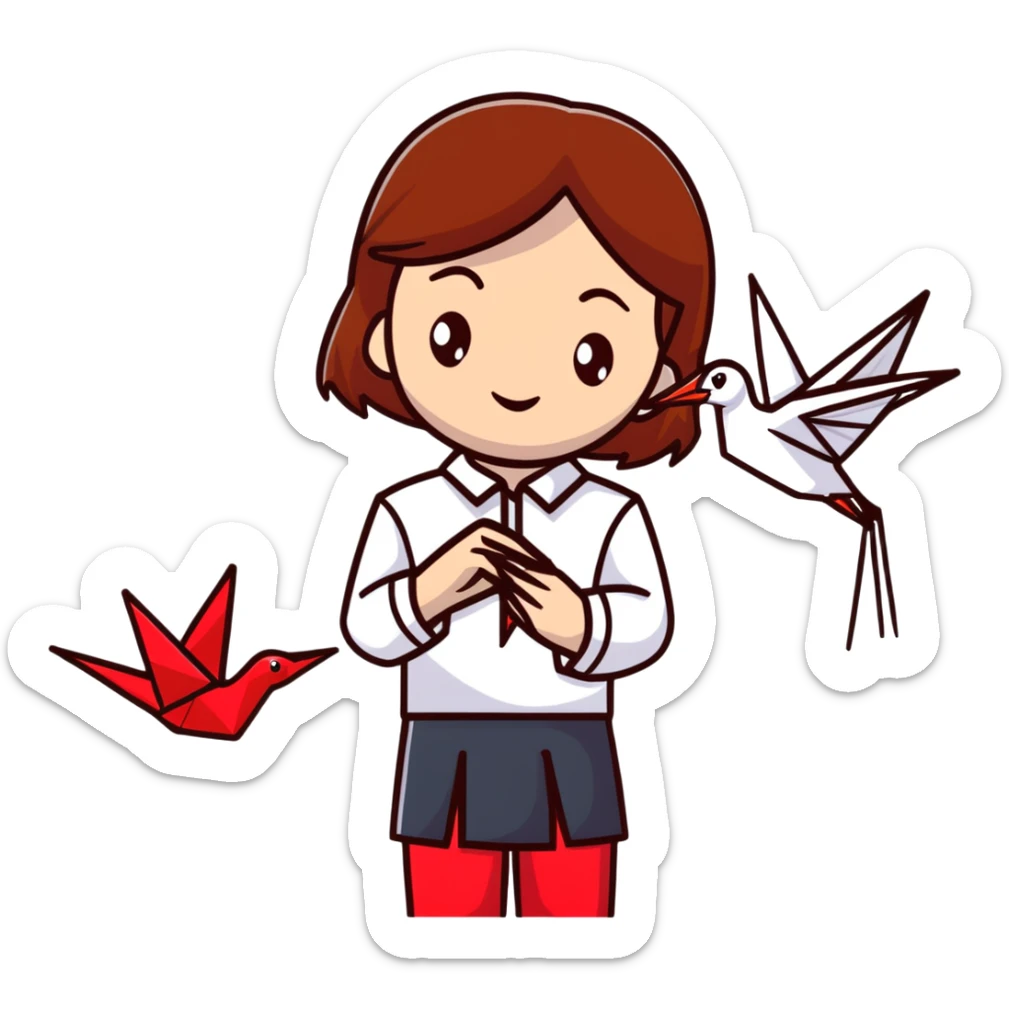 Ukrainian young girl with brown hair wearing a white embroidered shirt holds an origami red crane sticker