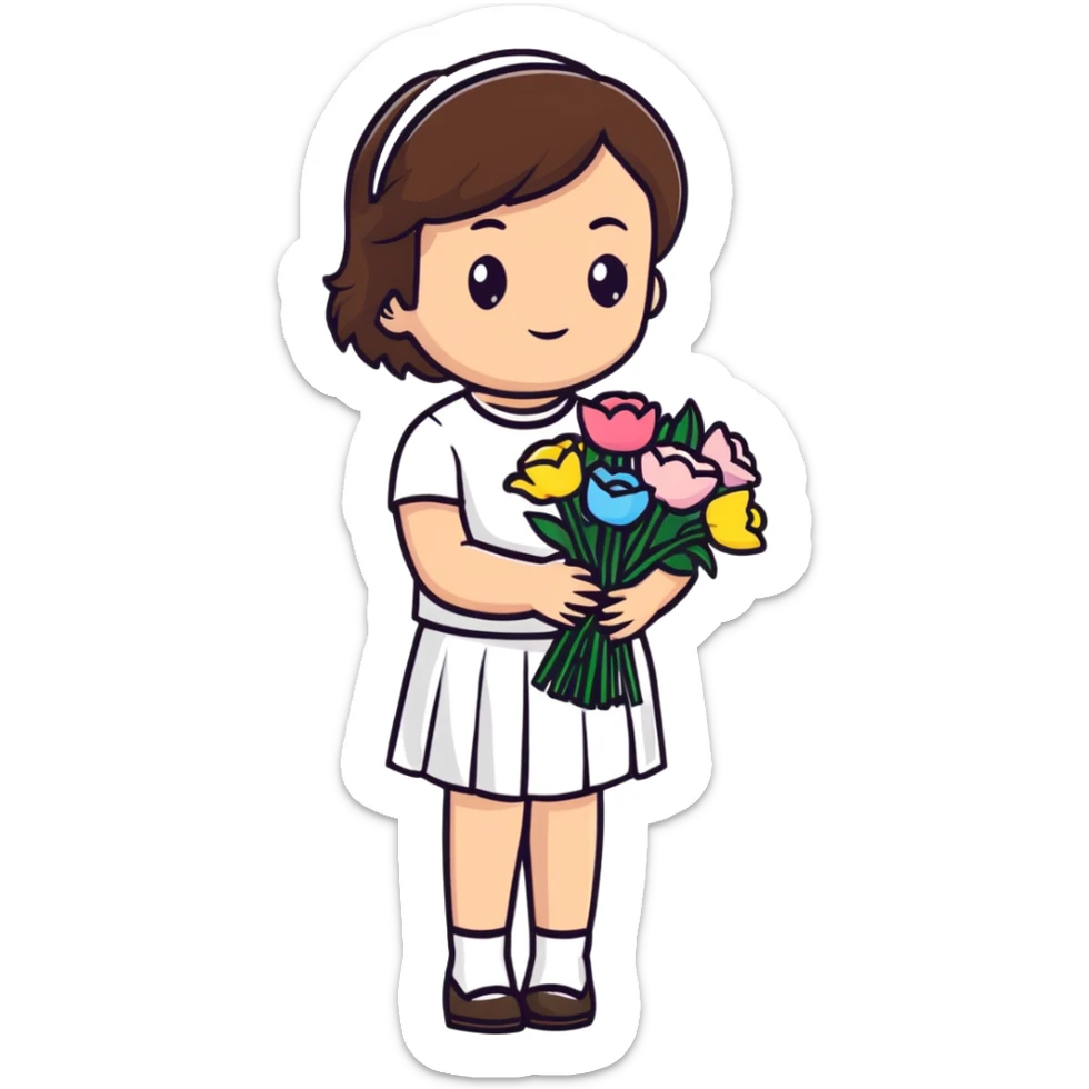 girl with brown hair wearing a white skirt holding a bouquet of flowers sticker