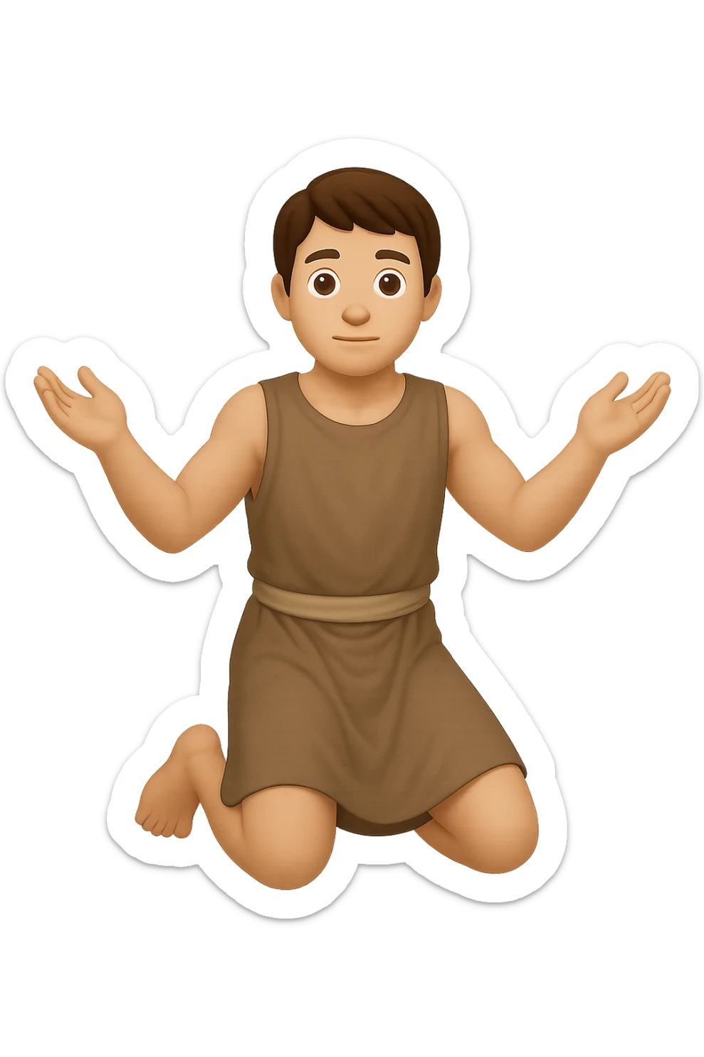 Remake this emoji in apple emoji style with brown hair and no silver handbands, fullbody apostle kneeling pose, variation 4. Keep the apple emoji style look and feel. sticker