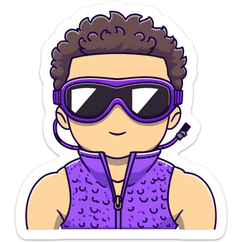 male athlete with white skin and moderately curly dark brown hair on top with shaved sides, wearing ski goggles with purple frames and very dark black lenses, a simple plain black chain necklace, and a completely unzipped sleeveless vest with purple and black sequin fire pattern design with no logo, fully revealing his chest, shoulders and arms, no earrings sticker