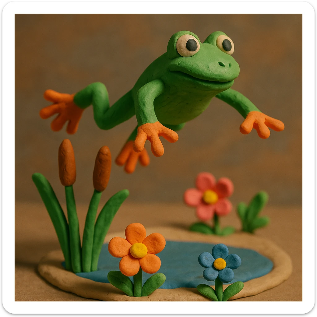 frog leaping above a pond with cattails and flowers, playful and colorful, claymation style sticker