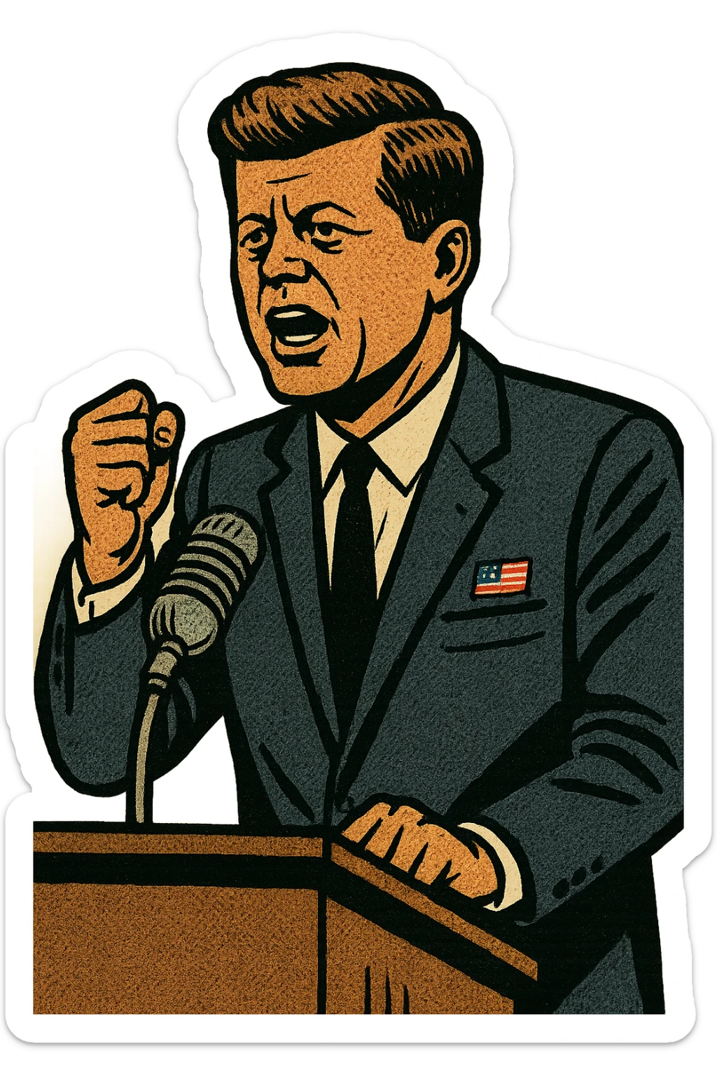 President Kennedy wearing a suit with a US flag badge making a speech standing behind a lectern with a 1960s microphone sticker