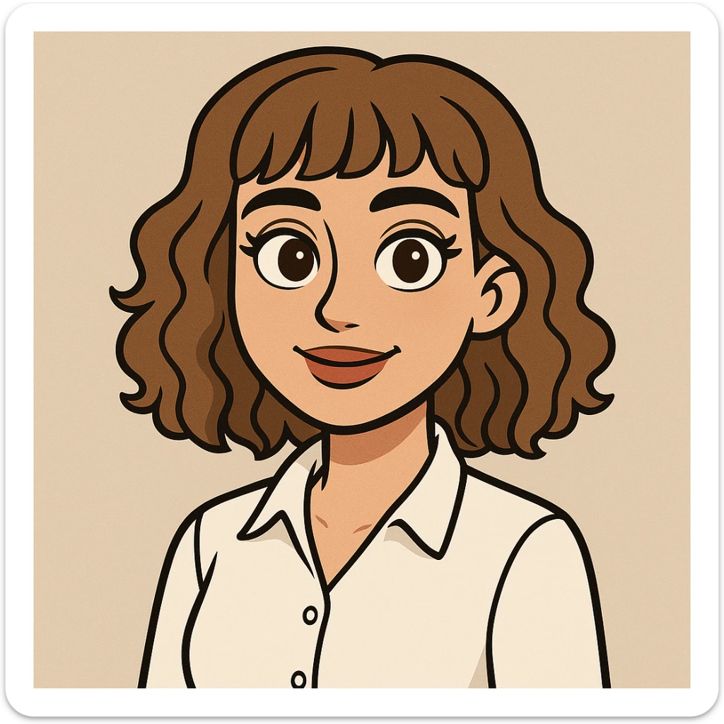 cartoonish AI avatar of a young woman, 22, brown eyes, light brown slightly curly shoulder-length hair with bangs, subtle makeup, white dress shirt sticker