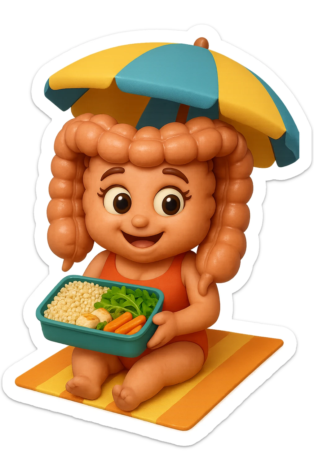 EMOJI STILE IPHONE DI INTESTINO DONNA CON COSTUME INTERO IN SPIAGGIA SEDUTO SU UNA SPIAGGINA SOTTO L'OMBRELLONE CON IN MANO UNA SCHISCETTA DI Insalata di quinoa e pollo con rucola e carote, iperrealistica 4k sticker