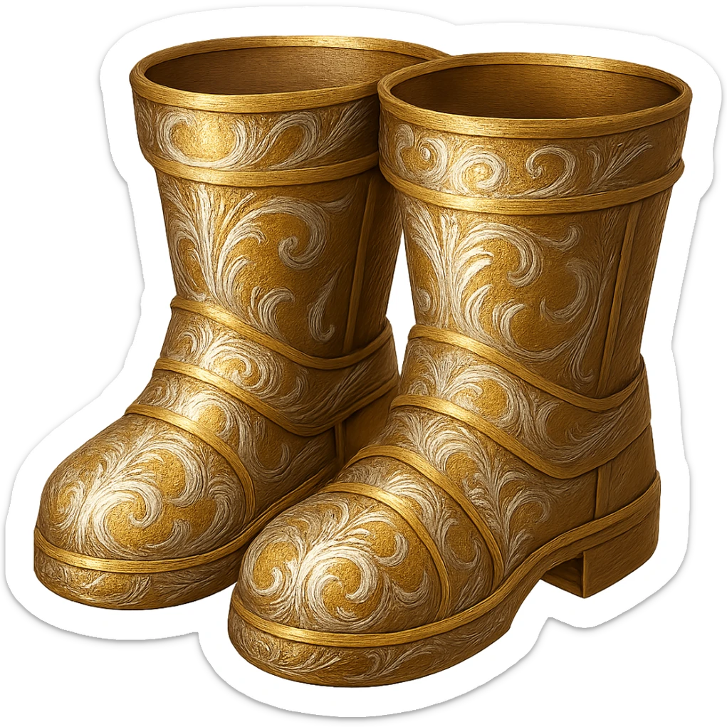 Recolor these boots to a rich, metallic plated gold color with ornate engravings inlaid with bright, reflective silver. Keep the exact shape and proportions of the original boots. The background should be transparent. The style should maintain the original look of the boots. sticker
