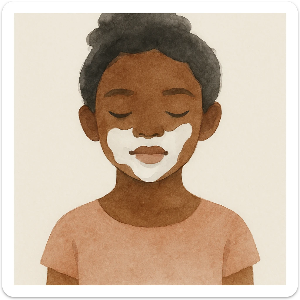 watercolor painting of a dark-skinned girl with milk on her face sticker