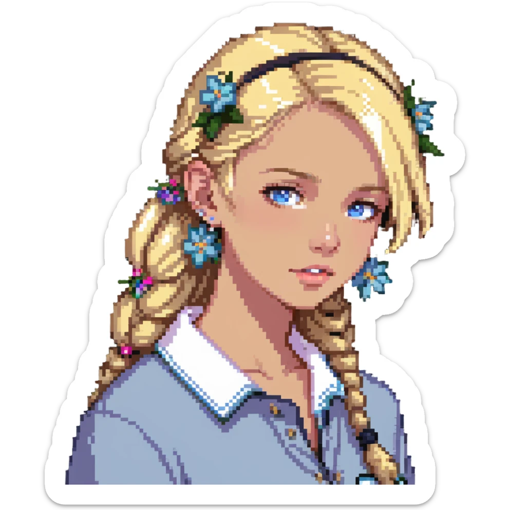 preppy coastal teen girl with blue eyes, beach blonde hair, tan skin, small flowers in her ear, preppy beach outfit sticker