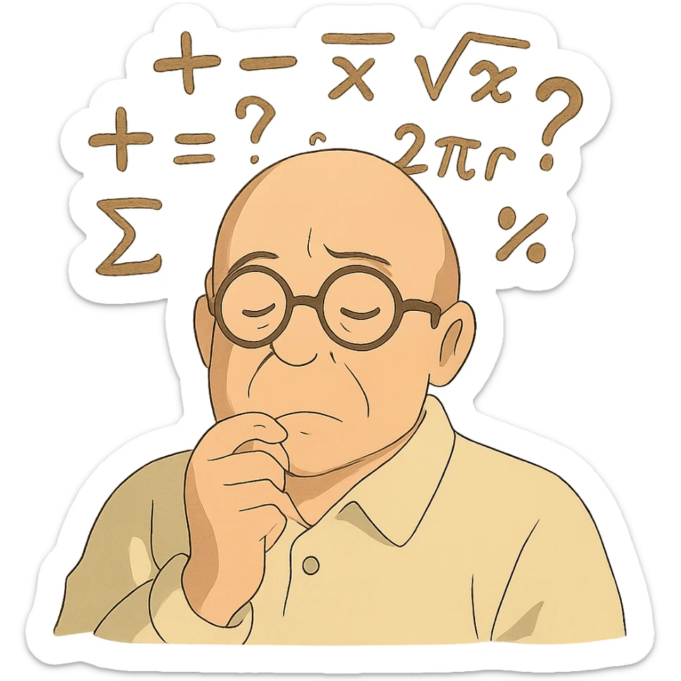 bald man with glasses, thinking, math symbols floating above his head sticker