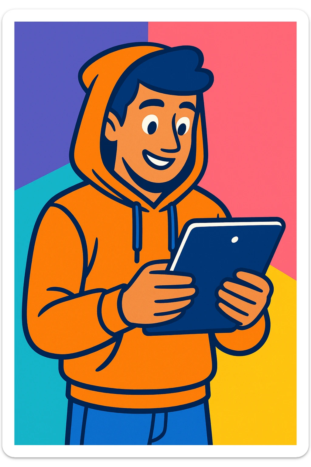 a man wearing a hoodie holding an iPad, modern illustration, vibrant toon style sticker