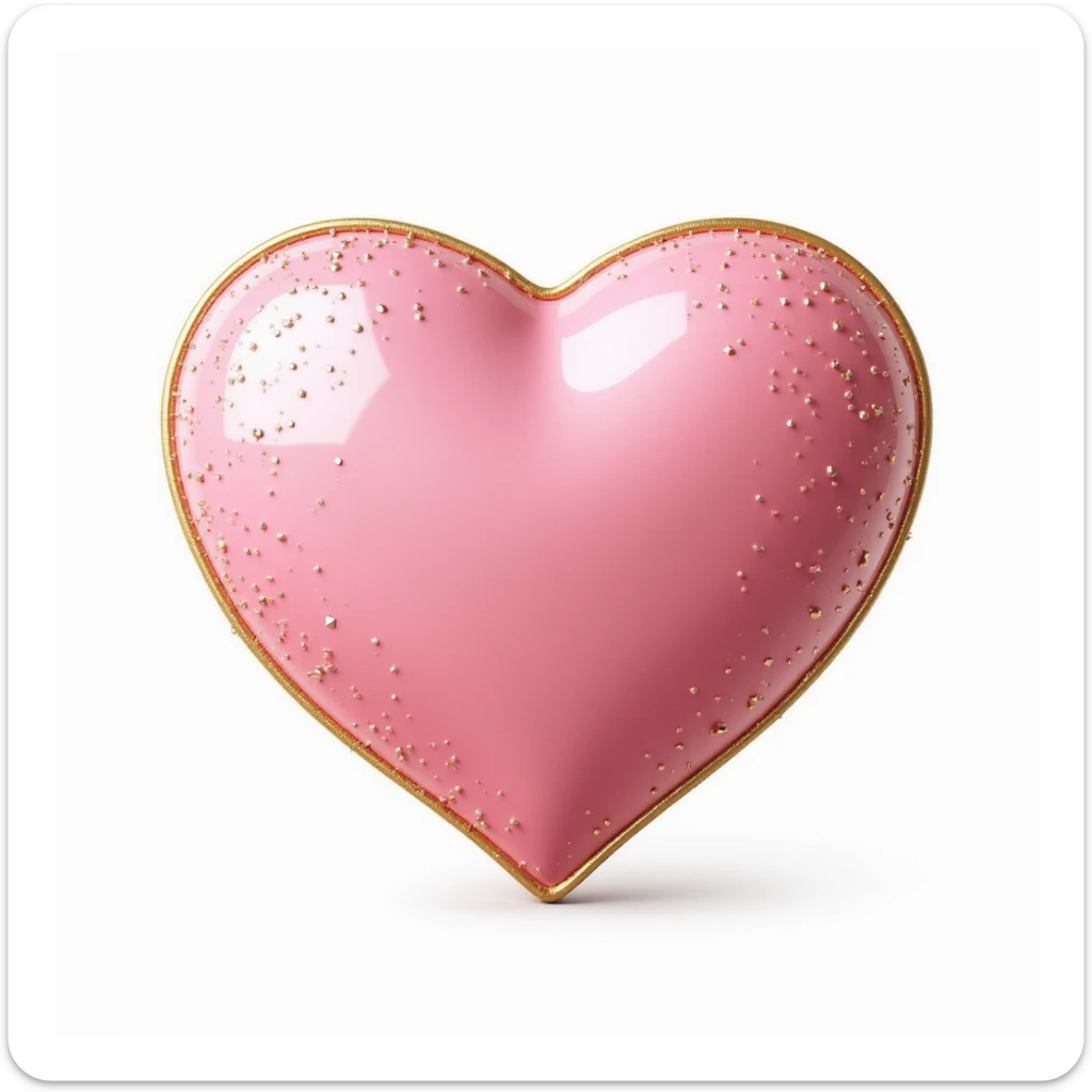 photorealistic pink heart with sparkles, gold outline, and a glossy finish, white clean background sticker