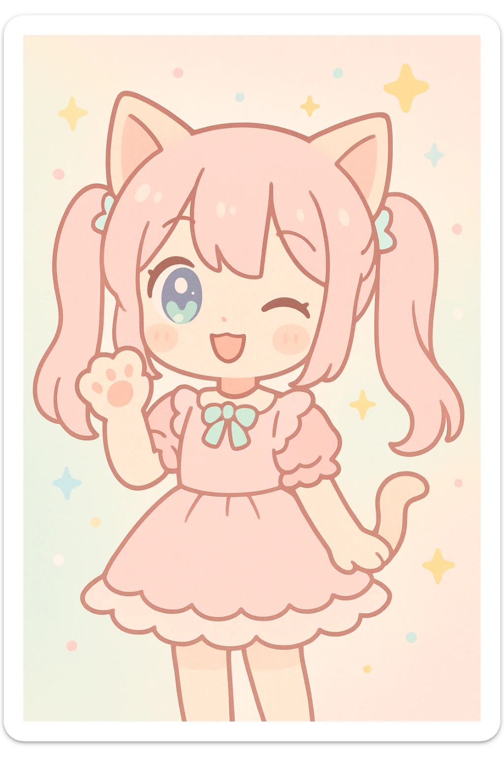cute anime cat girl, twin tails, winking, holding a paw up, frilly dress, sparkly background sticker