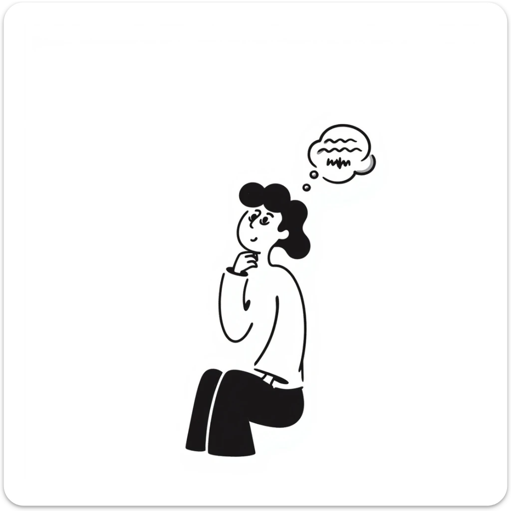 notion-style black doodle of a person sitting and thinking, thought cloud, sketchy lines sticker