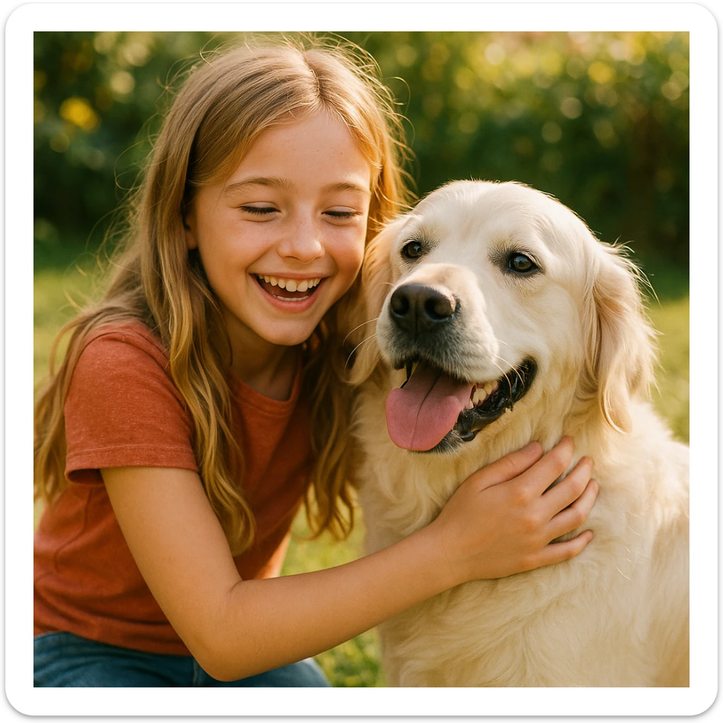 dirty blonde girl with long hair and dark blue eyes, petting an English cream golden retriever, cheerful atmosphere sticker