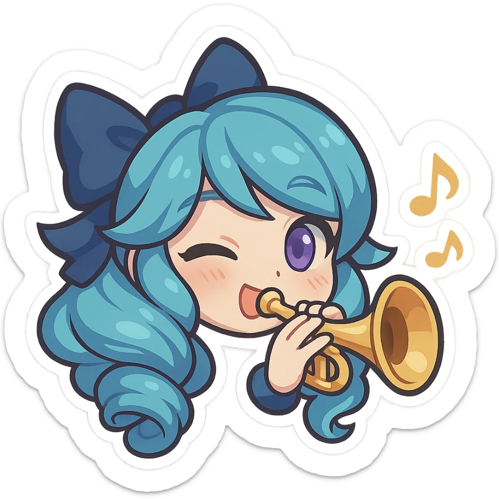 chibi style emote of Gwen from League of Legends, just the head, right eye purple, playing a trumpet, excited expression sticker
