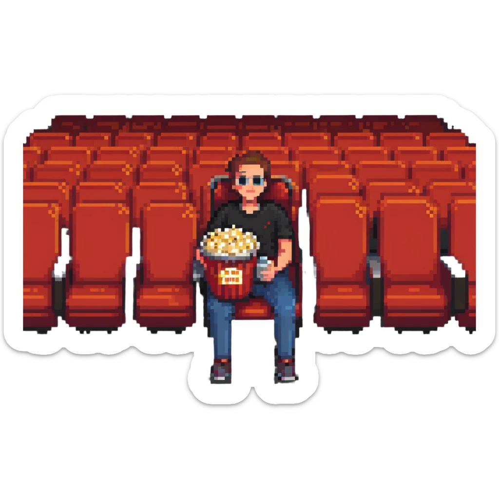 Pixel art person sitting in movie theater chair with popcorn bucket, watching big screen sticker