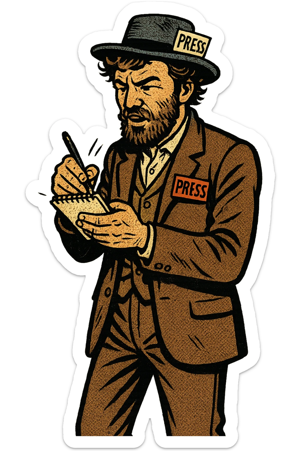 The full body of a scruffy American male journalist from the 1880s holding a note pad and pen. He is wearing a 'press' badge on his chest. sticker