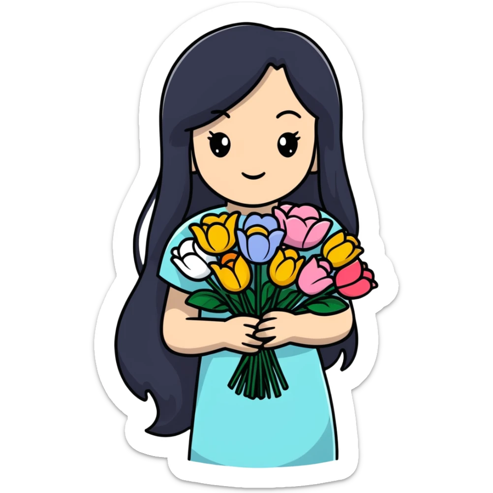 Beautiful girl with long black hair holding a bouquet of flowers sticker