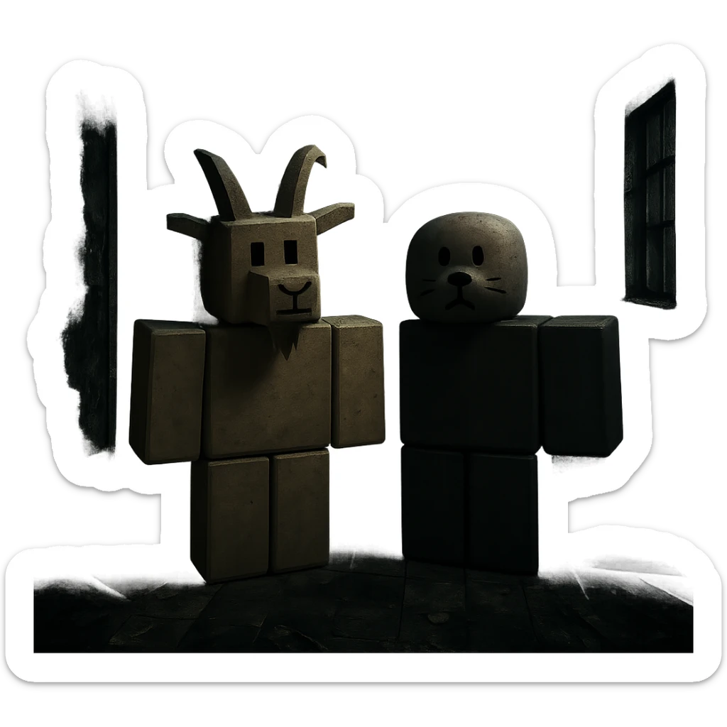 A goat and a seal drawn like Roblox characters in the abandoned and scary environment of the 'Forsaken' game, with a dark and eerie atmosphere, blocky and stylized game characters sticker