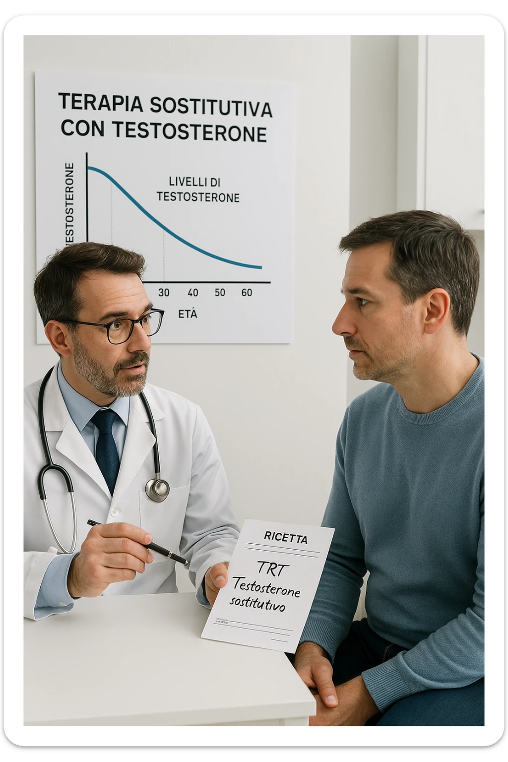 a man in his 40s sits in a doctor’s office, listening attentively as a physician explains TRT (Testosterone Replacement Therapy). The doctor holds a prescription pad and points to an educational chart showing testosterone levels. The mood is professional and informative, with a clean, clinical background. scritte in italiano sticker