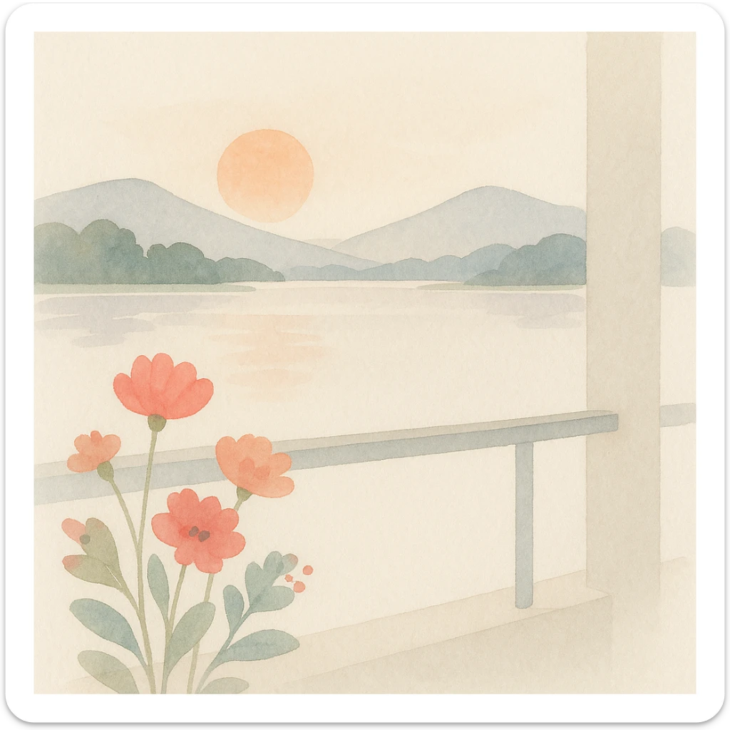 soft watercolor illustration in a minimalist modern style of a perfect sunset view from a hotel balcony overlooking peaceful Xuan Huong Lake with beautiful flowers blooming in the foreground and mountains in the background, pastel colors, delicate linework, gentle whimsical mood, minimal soft shading sticker