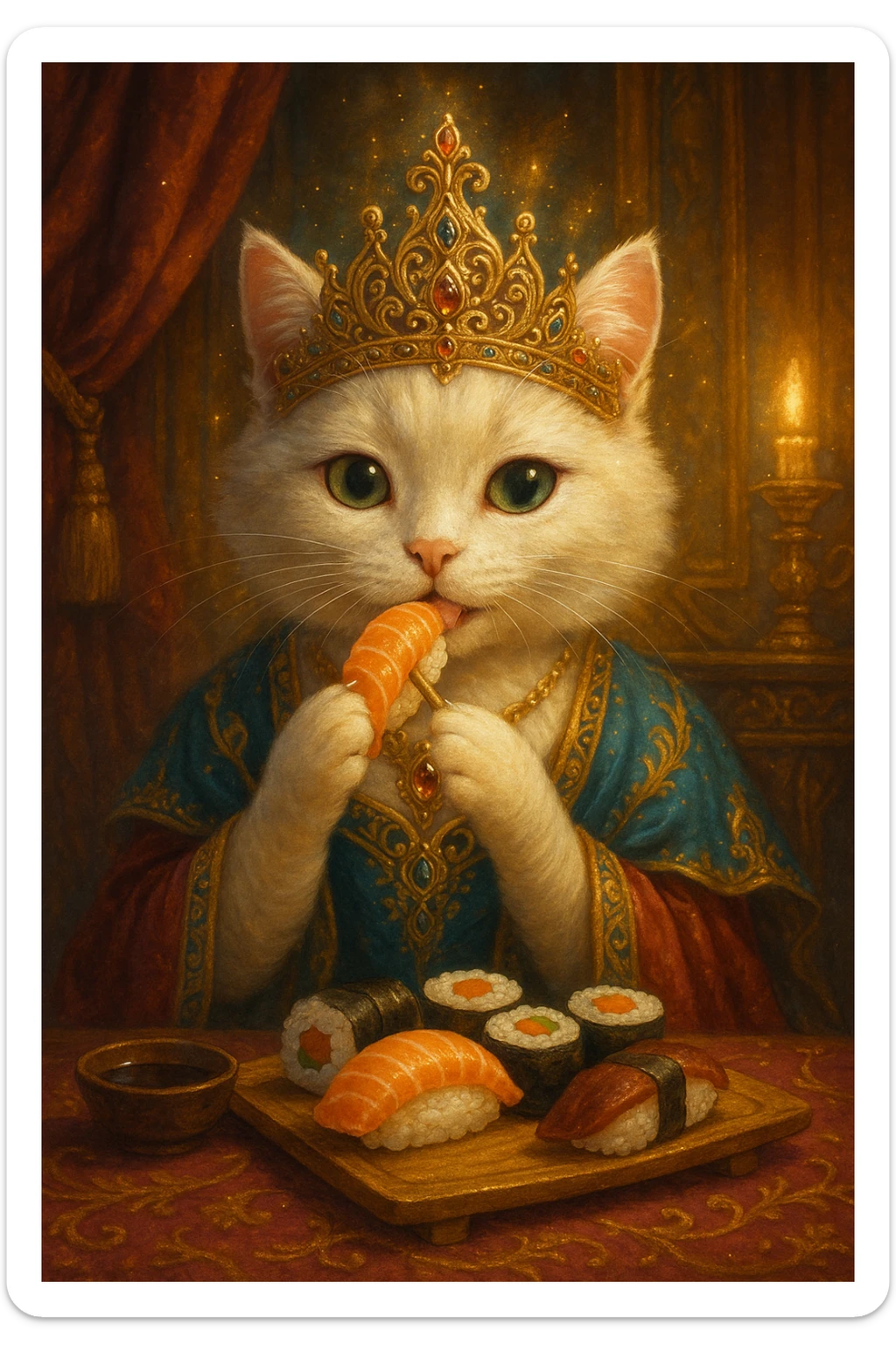 princess cat eating sushi, fantasy style, ornate crown, magical glow, luxurious setting sticker