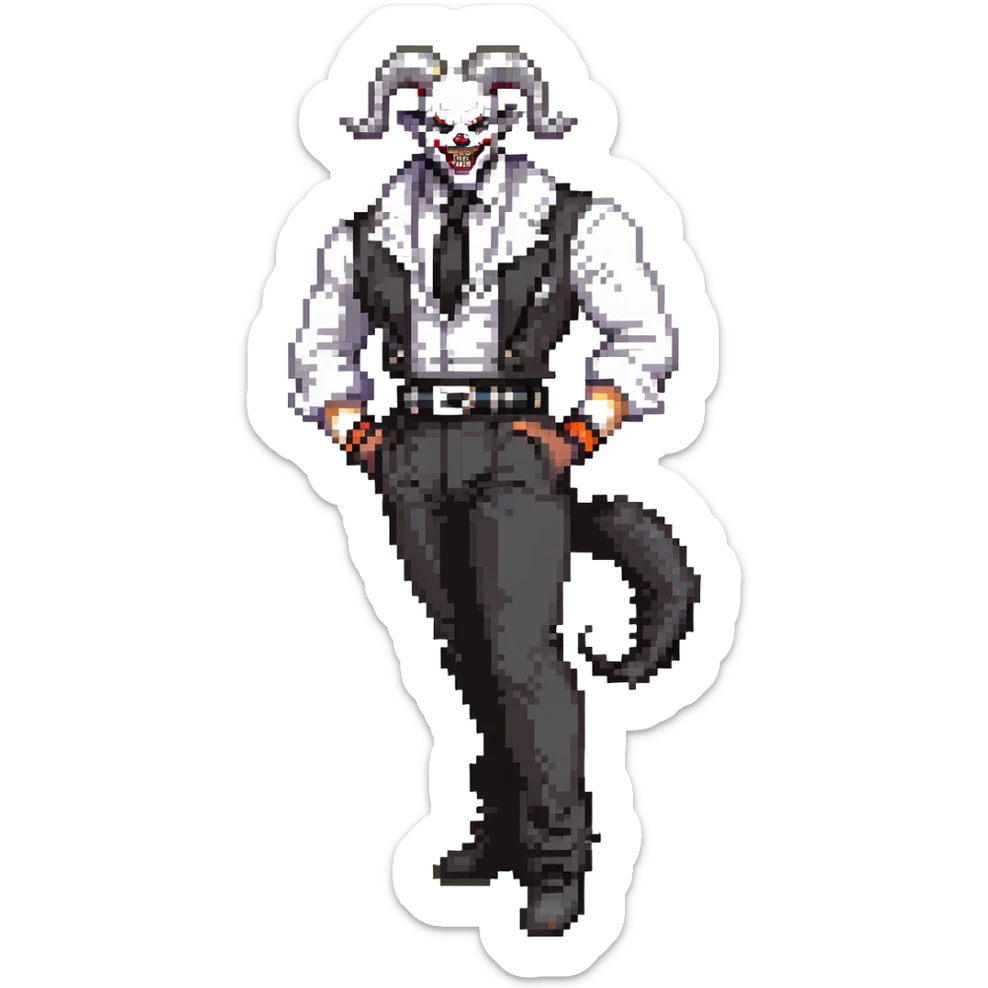 full-body muscular demonic clown in black and white leisure suit with bellbottom pants, bald, black ram horns, flashy black and white belt, ruffled white shirt, no neck tie, large fangs sticker