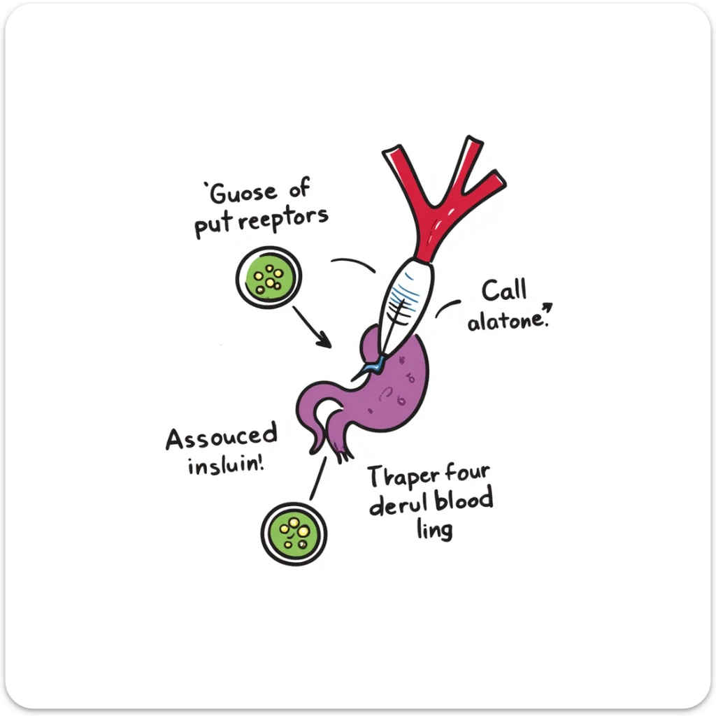 Anatomical diagram of anti-diabetic mechanism: purple pancreas releasing blue insulin molecules, red blood vessels with yellow glucose particles, green cell receptors accepting insulin. Hand-drawn illustration showing glucose regulation with arrows indicating reduced blood sugar levels. sticker