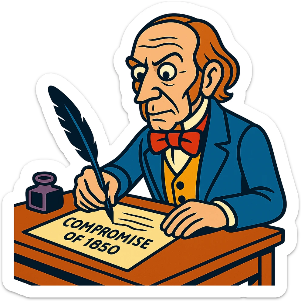cartoon style Henry Clay at a desk writing the Compromise of 1850, exaggerated features, bright colors sticker