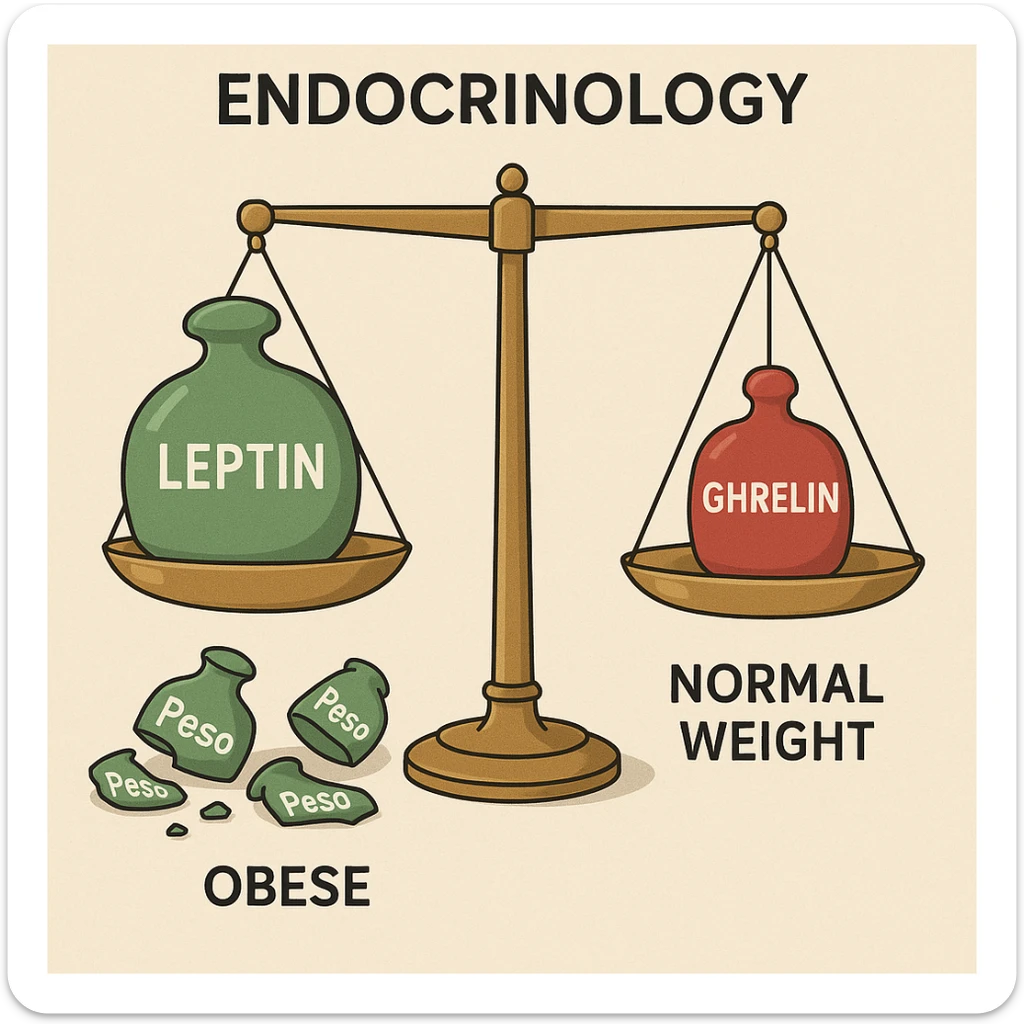 endocrinology diagram showing a balance scale with leptin in green and ghrelin in red; obese side with overflowing leptin, broken leptin weights labeled 'Peso' scattered on the ground, scale not moving; normal weight side with perfectly balanced scale; clinical, clear, detailed illustration, 4K resolution sticker