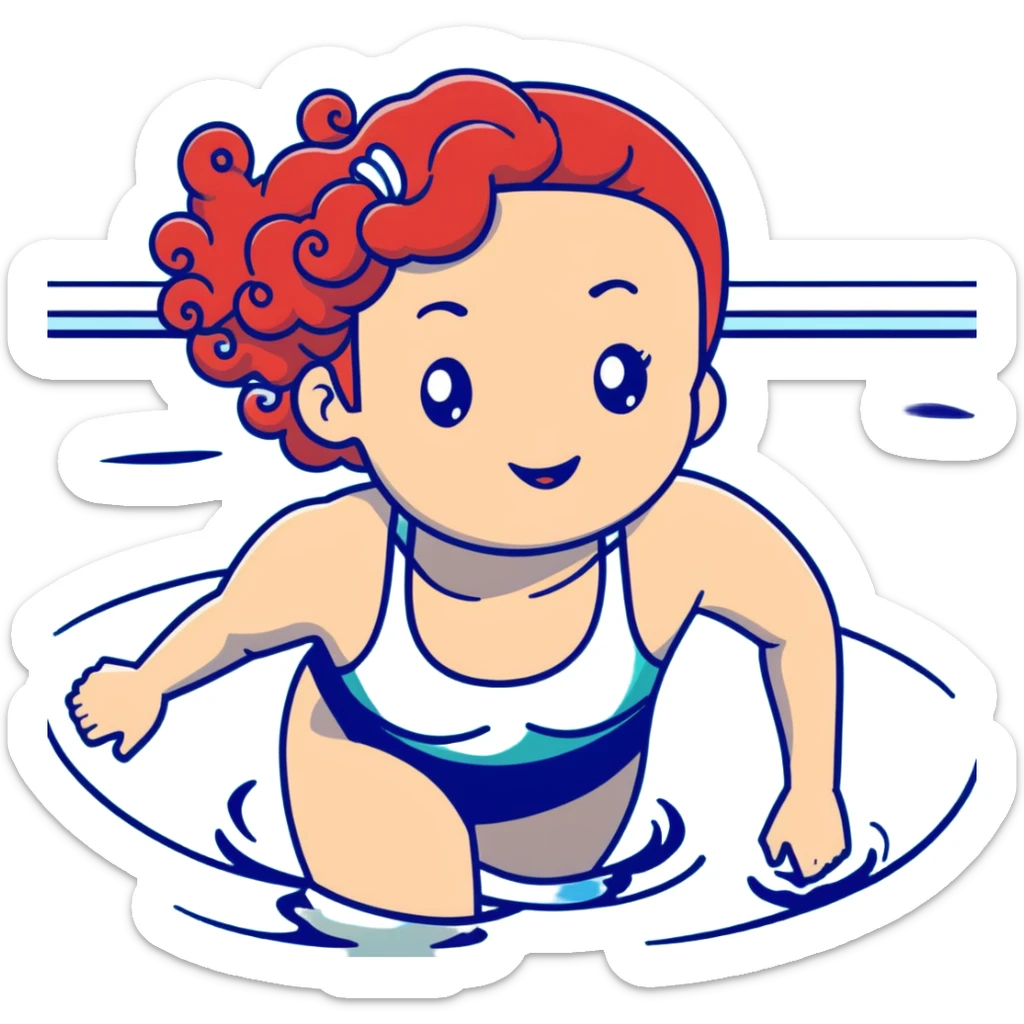 thin 18-year-old white female athlete swimmer with curly red hair about to enter a pool sticker