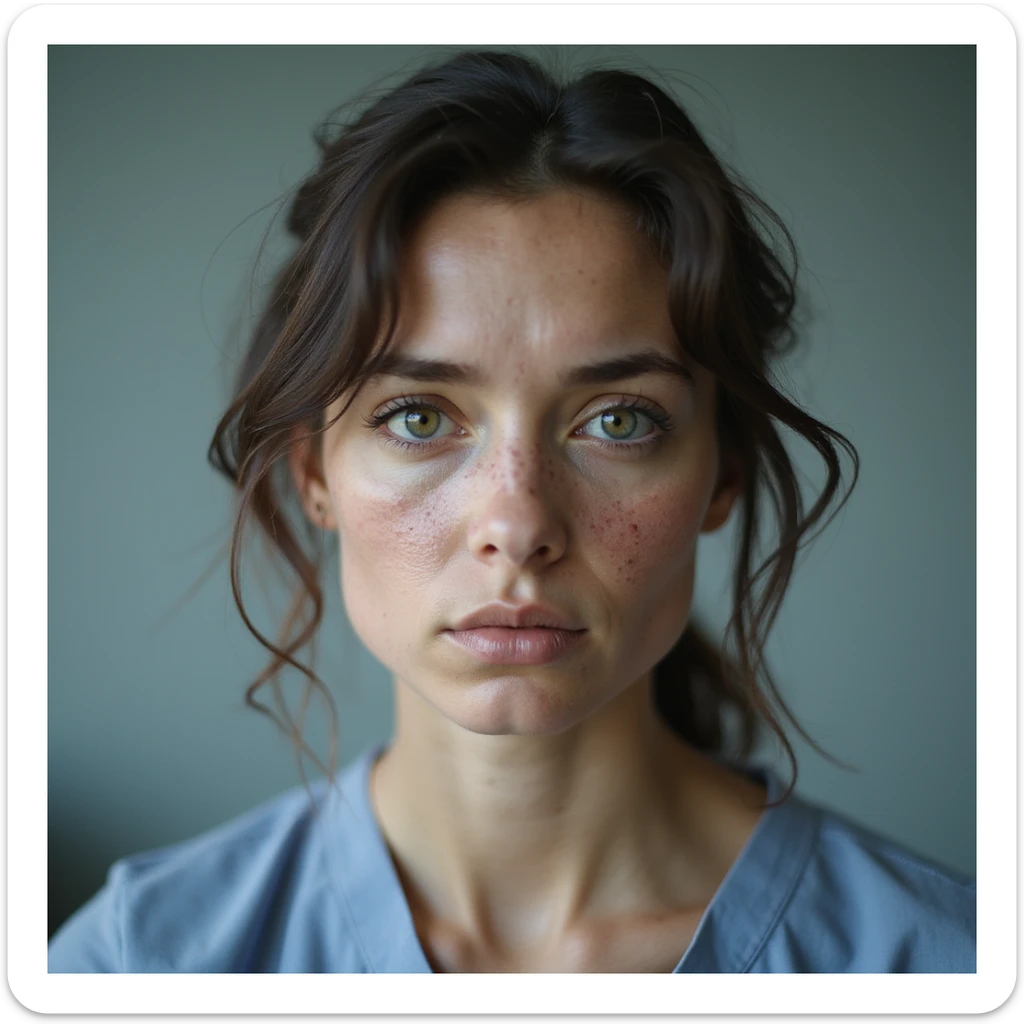 realistic woman with PCOS (polycystic ovary syndrome), face with mild acne, slightly thinning hair, serious expression, hyperrealistic 4K details, clinical environment sticker