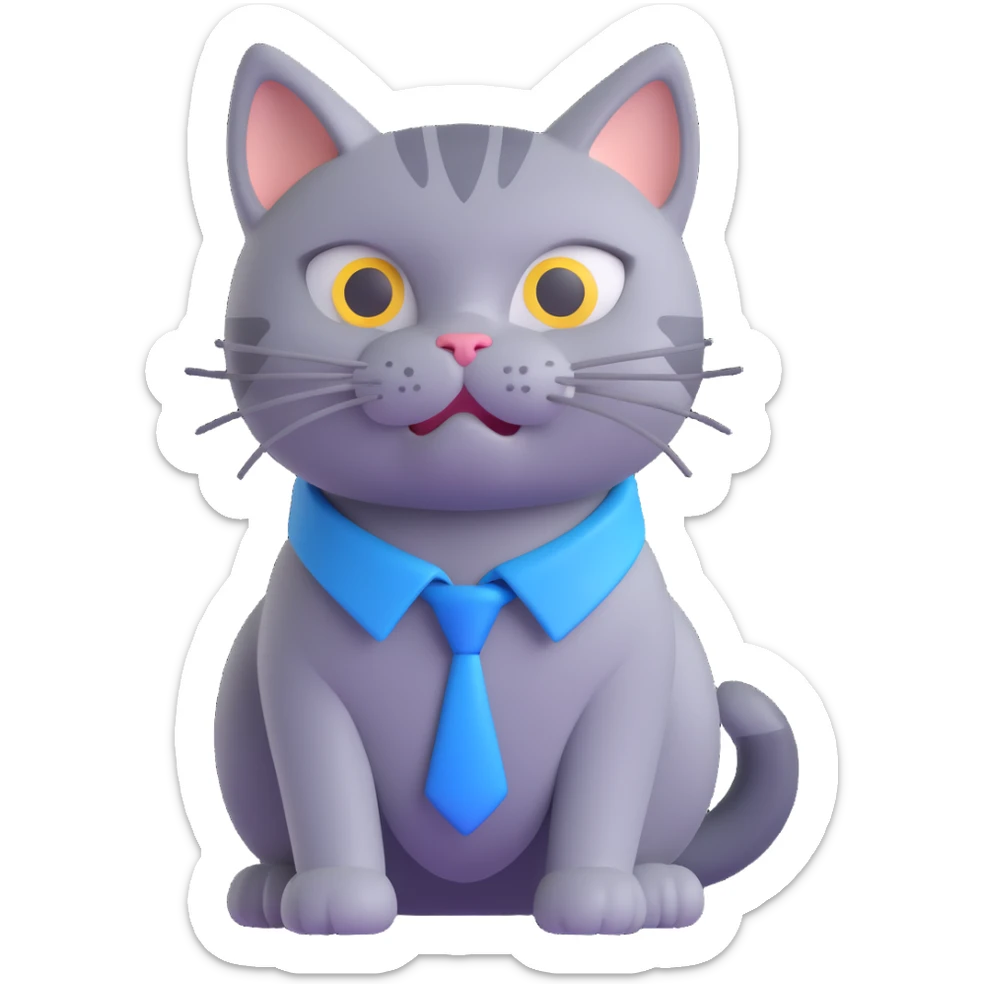 Change the color of the cat's collar to blue, keep the 3D cartoon style and grey/pepper cat character, with no background. sticker