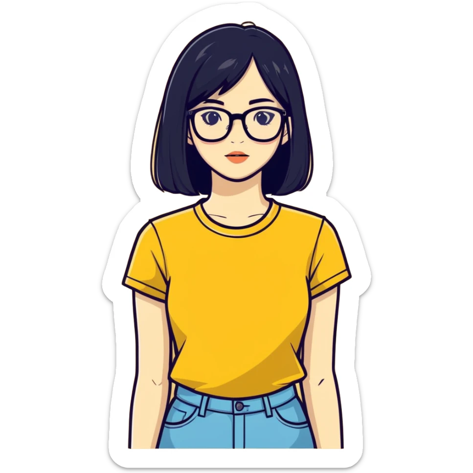 A fair girl with black straight hairs and transparent glasses and butter yellow T-shirt sticker