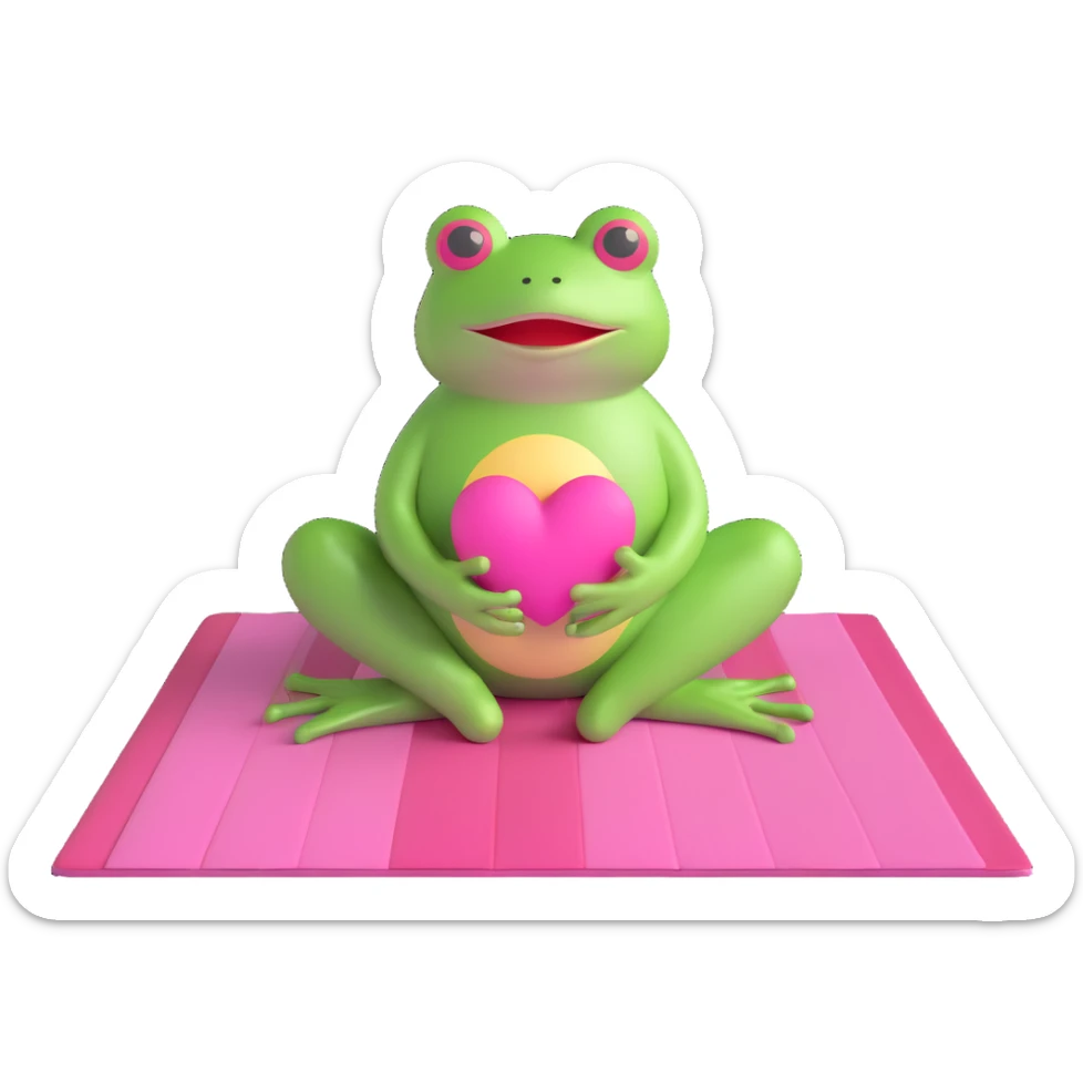 A 3D emoji of a frog meditating on a pink mat with a heart above its head, surrounded by stars, in the style of iOS 18 emojis. sticker