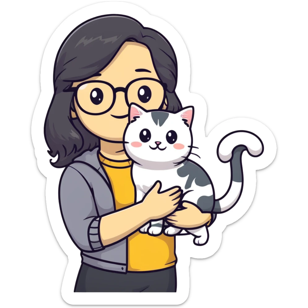 Young woman with warm yellow skin tone, oval face, long black wavy hair, thin-framed glasses, smiling while holding a grayish-white Munchkin cat with short legs and gray marking under its mouth sticker