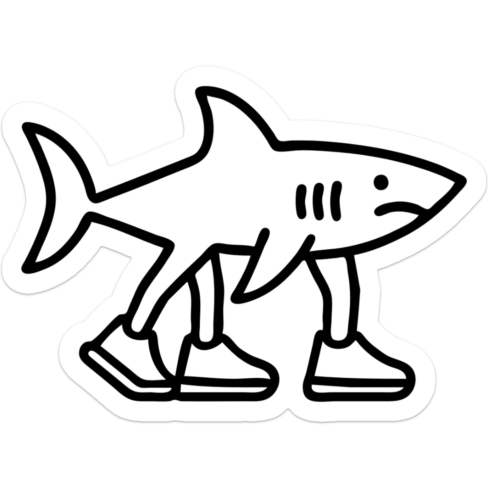 Haz que las zapatillas sean azules, mantén el estilo icono de contorno negro, fondo transparente, el tiburón sigue con tres patas y el logo Nike blanco en las zapatillas. sticker