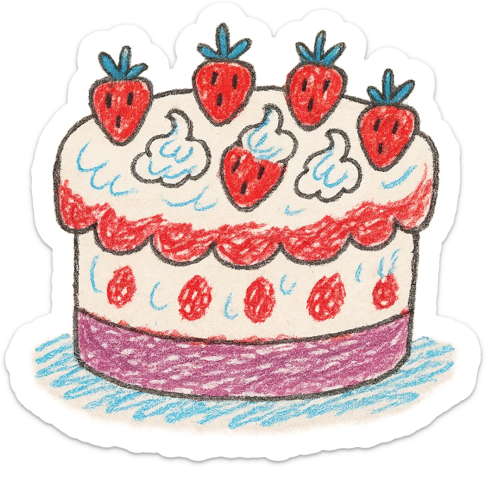 white cake with strawberries and whipped cream, whimsical and bright, children doodle style sticker