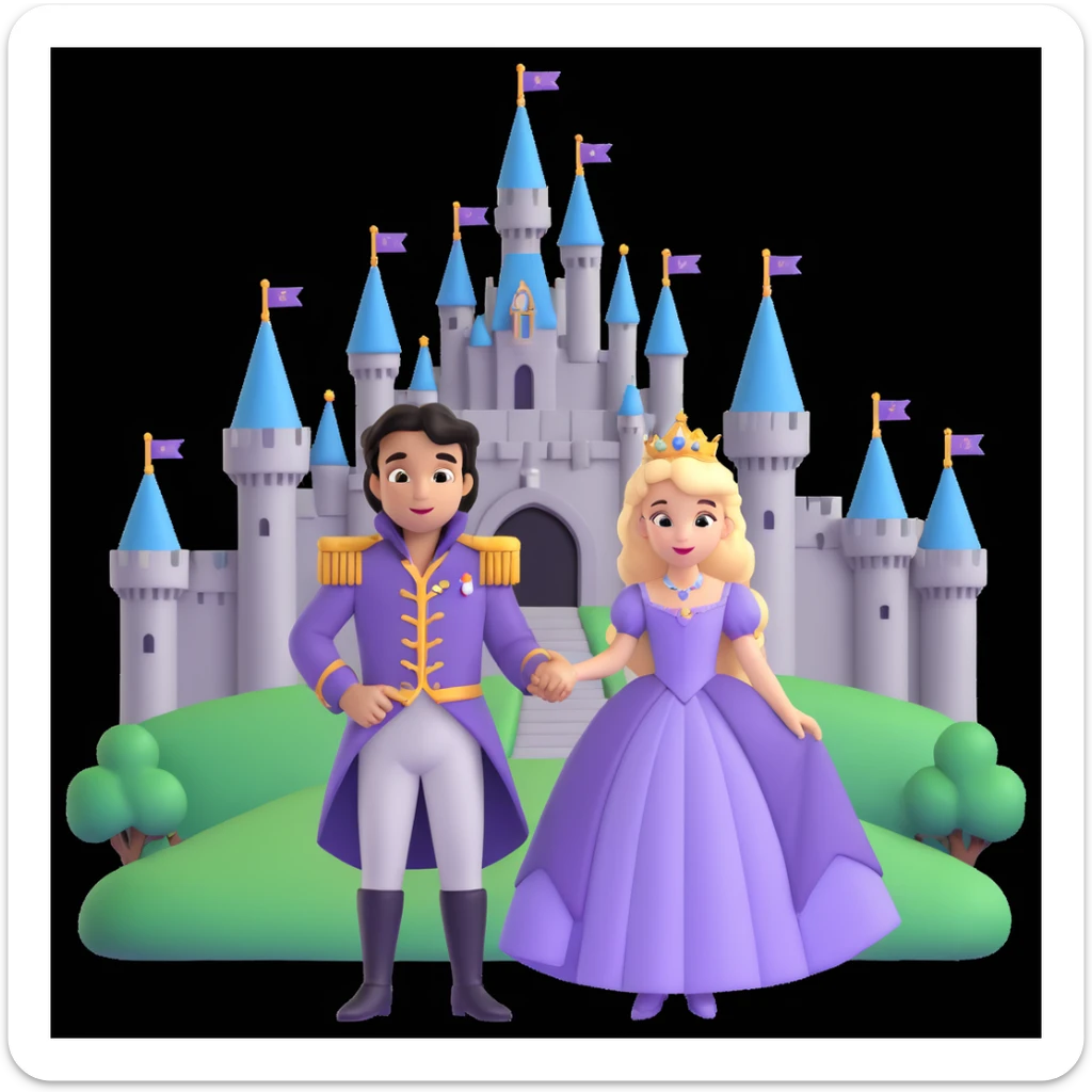 prince and princess Disney dress close up photo in castle background sticker