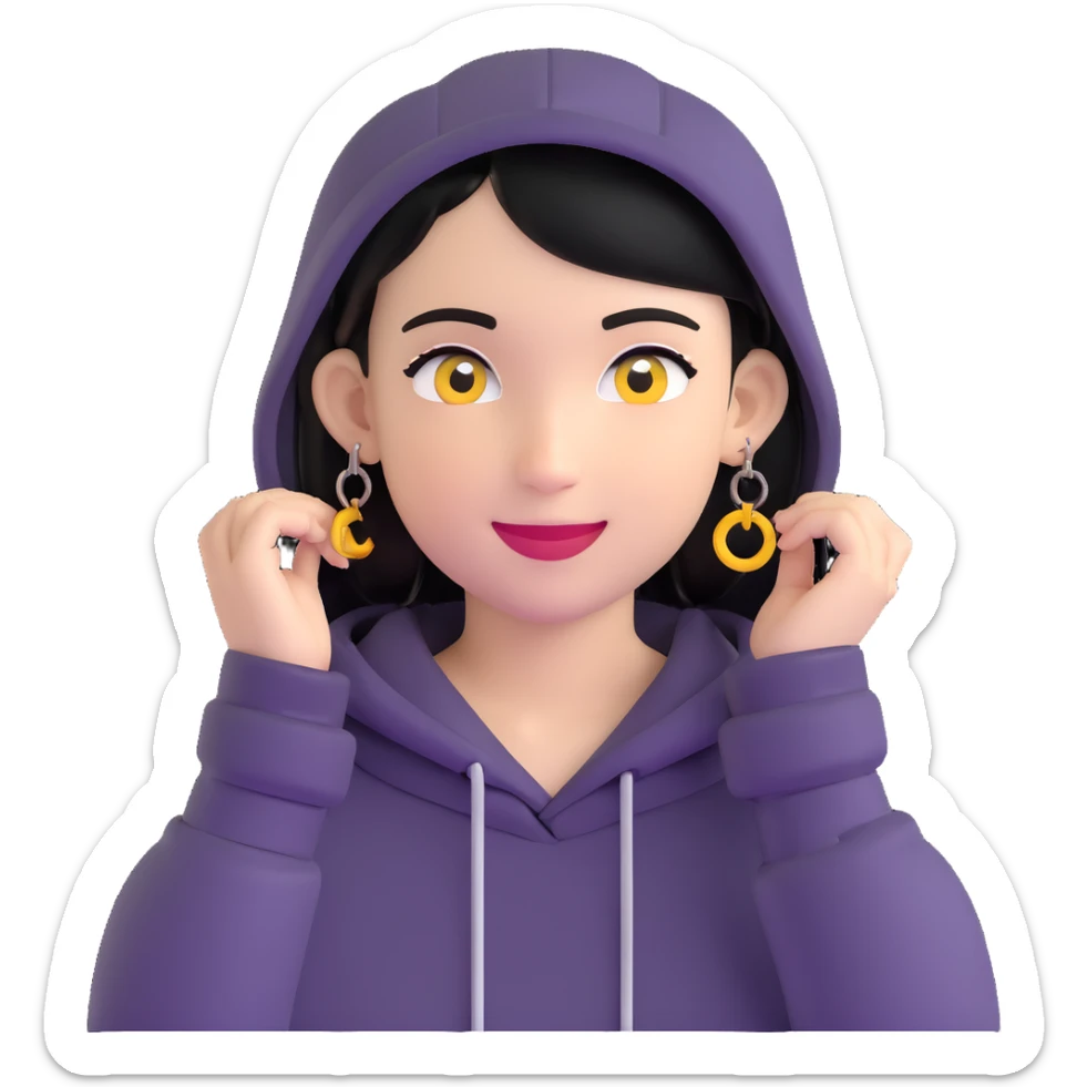 person with military cut black hair, brown eyes, wearing 2 circle earrings and a black hoodie with a smiley face sticker