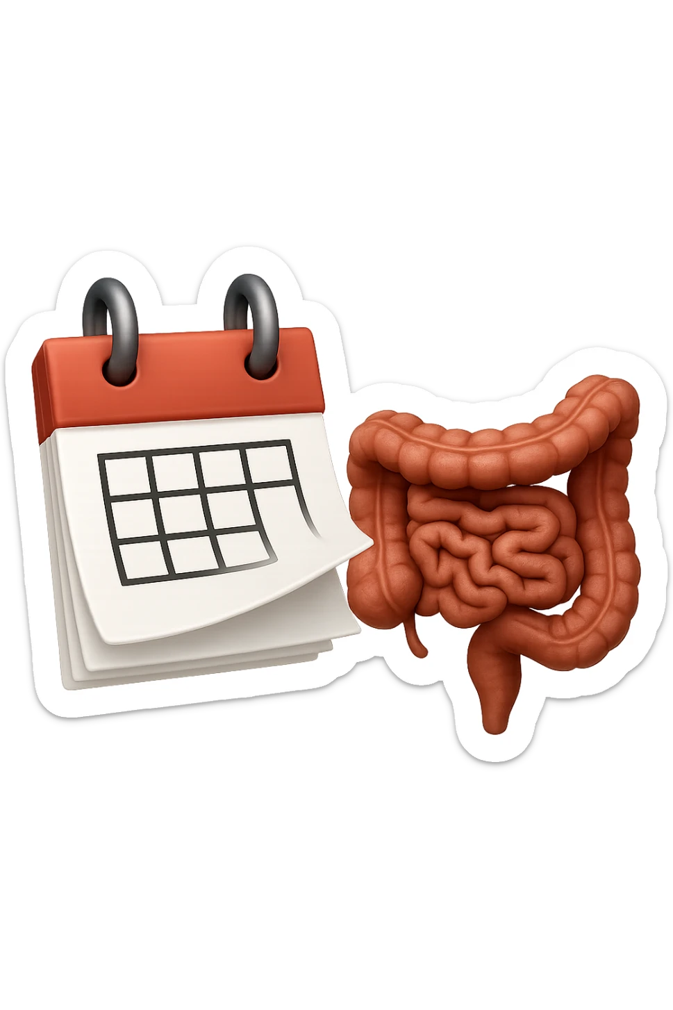 emoji stile iphone di un calendario con fogli che volano insieme a pezzi anatomici di colon umano, iperrealistico 4k, isolato su sfondo bianco sticker