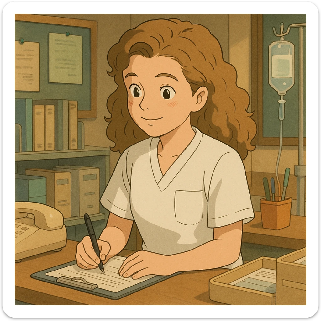 Étudiante infirmière en style Ghibli, travaillant dans un poste de soin, portant un uniforme blanc à manches courtes sans pied de col ni stéthoscope, haut de type tunique médicale avec col en V et poche poitrine à gauche, pas de tissu dépassant des manches, inspirée de la personne sur la photo, ambiance chaleureuse et collaborative. sticker