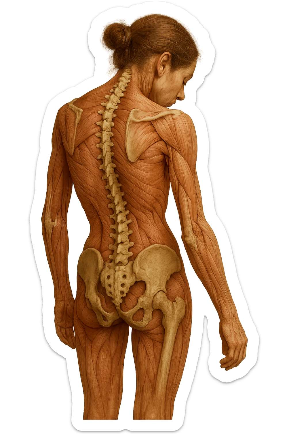 donna di spalle con spina dorsale in evidenza, postura storta, spalle chiuse in avanti, iperrealistica 4k sticker