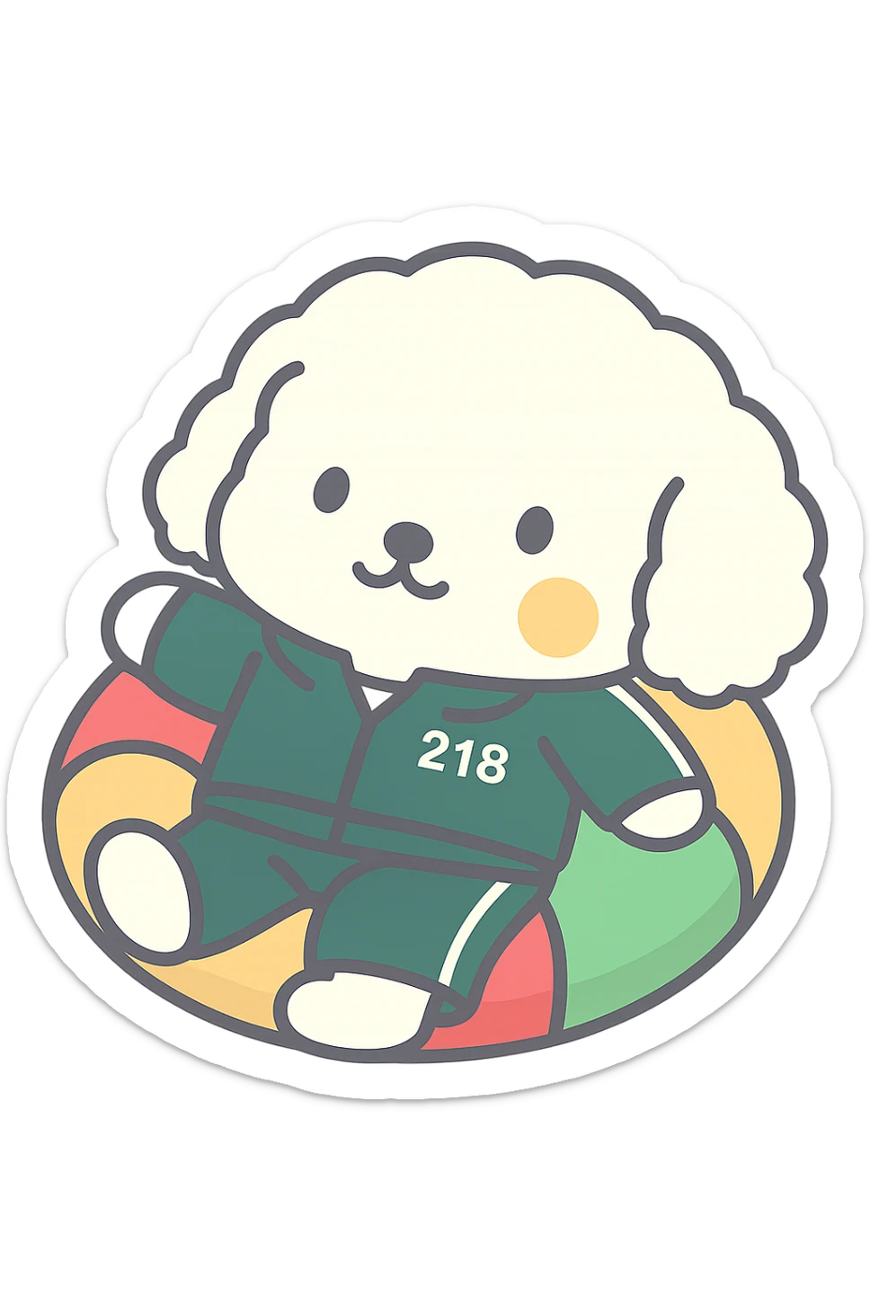 Add the green uniform of Squid Game with number 218 to the character in the reference images, keeping exactly the same style and line art of the original character without altering the character's visual or colors, only adding the outfit. The background should be transparent for WhatsApp sticker use. sticker