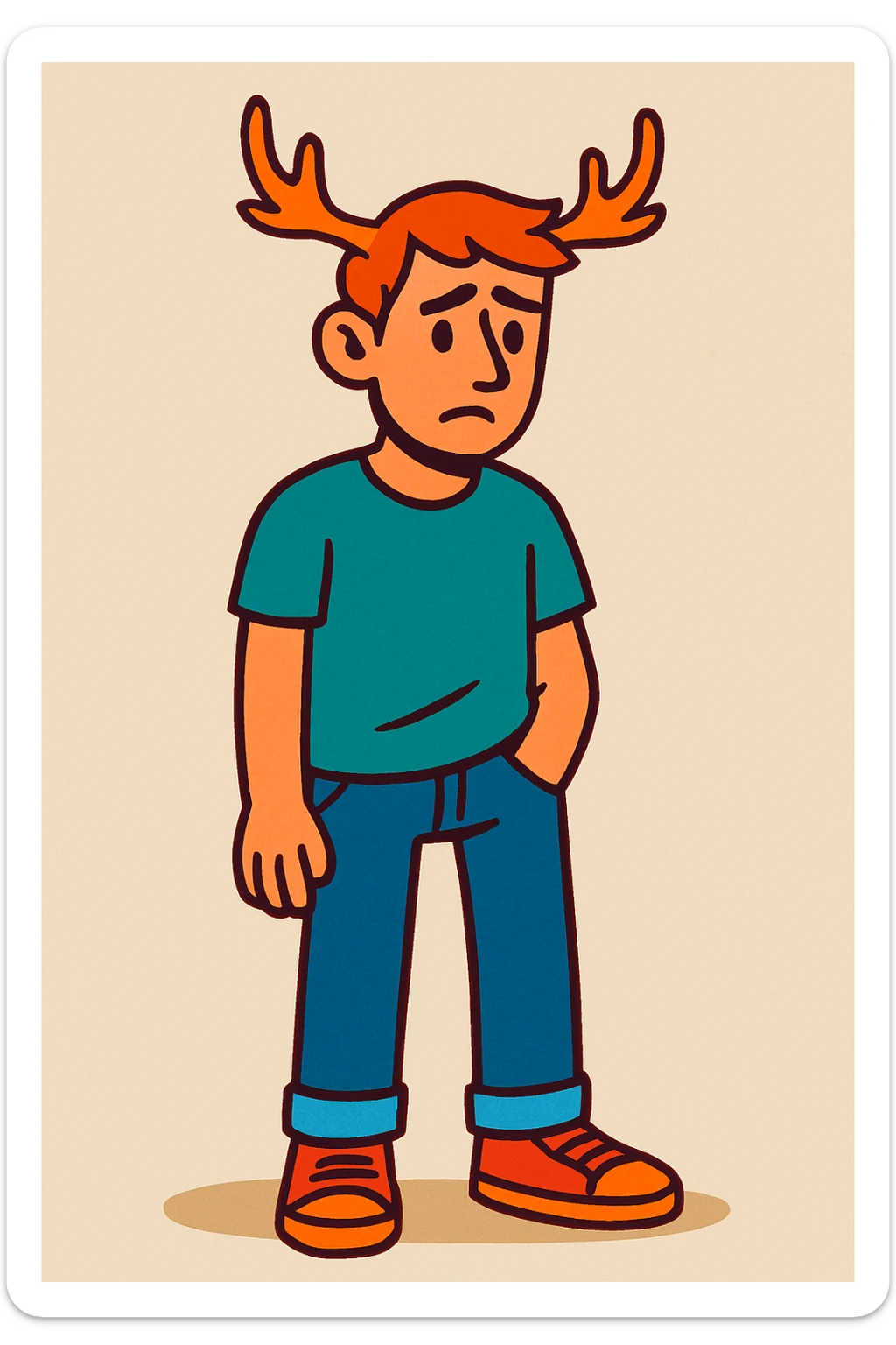 A casual guy with deer antlers, wearing a t-shirt and jeans, with a sad or thoughtful facial expression, neutral background, no snow sticker