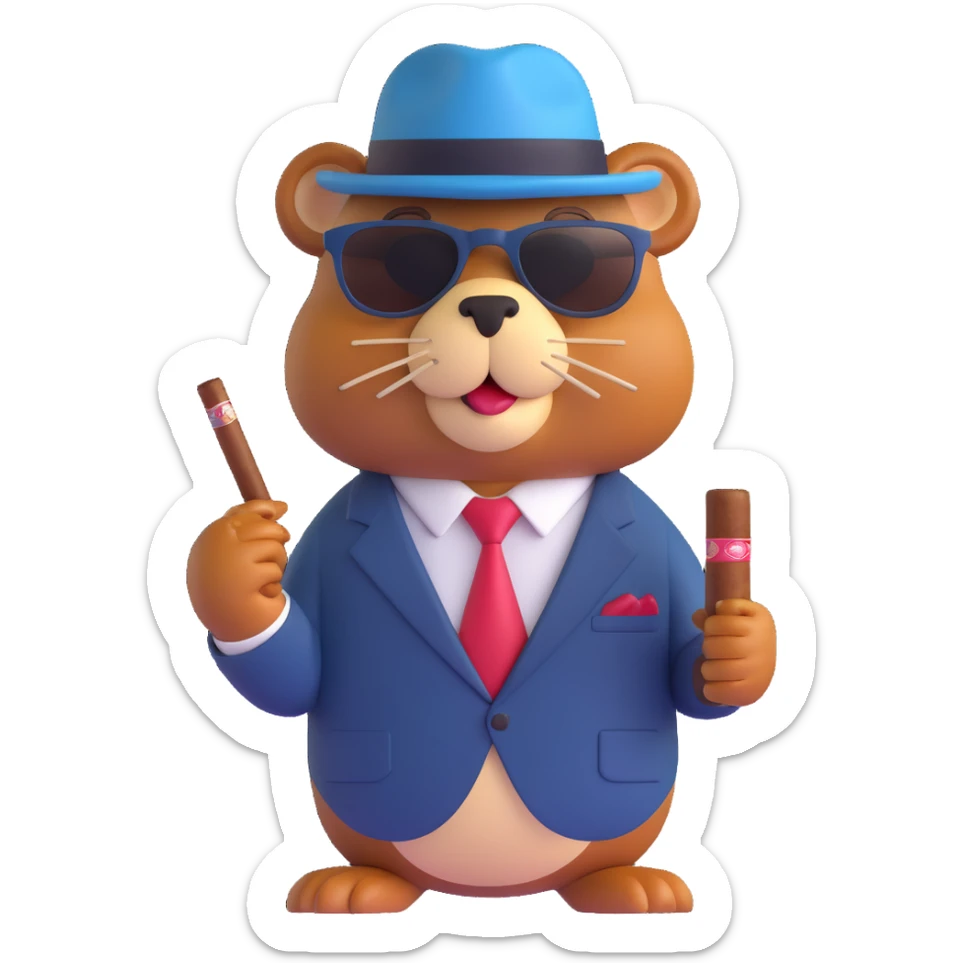 3D emoji style beaver with sunglasses, pinstripe suit, and cigar, gangster vibe sticker