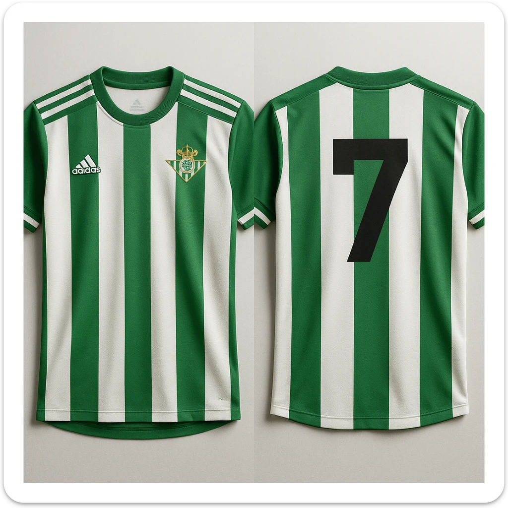 realistic football jersey of Real Betis with visible number 7, green and white details, club crest on the shirt sticker