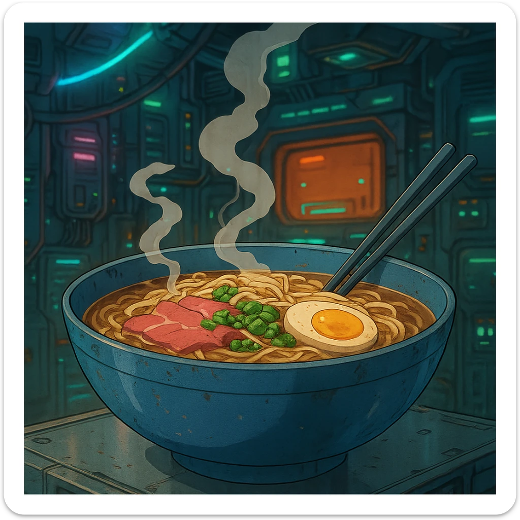 cyberpunk futuristic, space scifi, a bowl of delicious pho, ramen, piping hot sticker